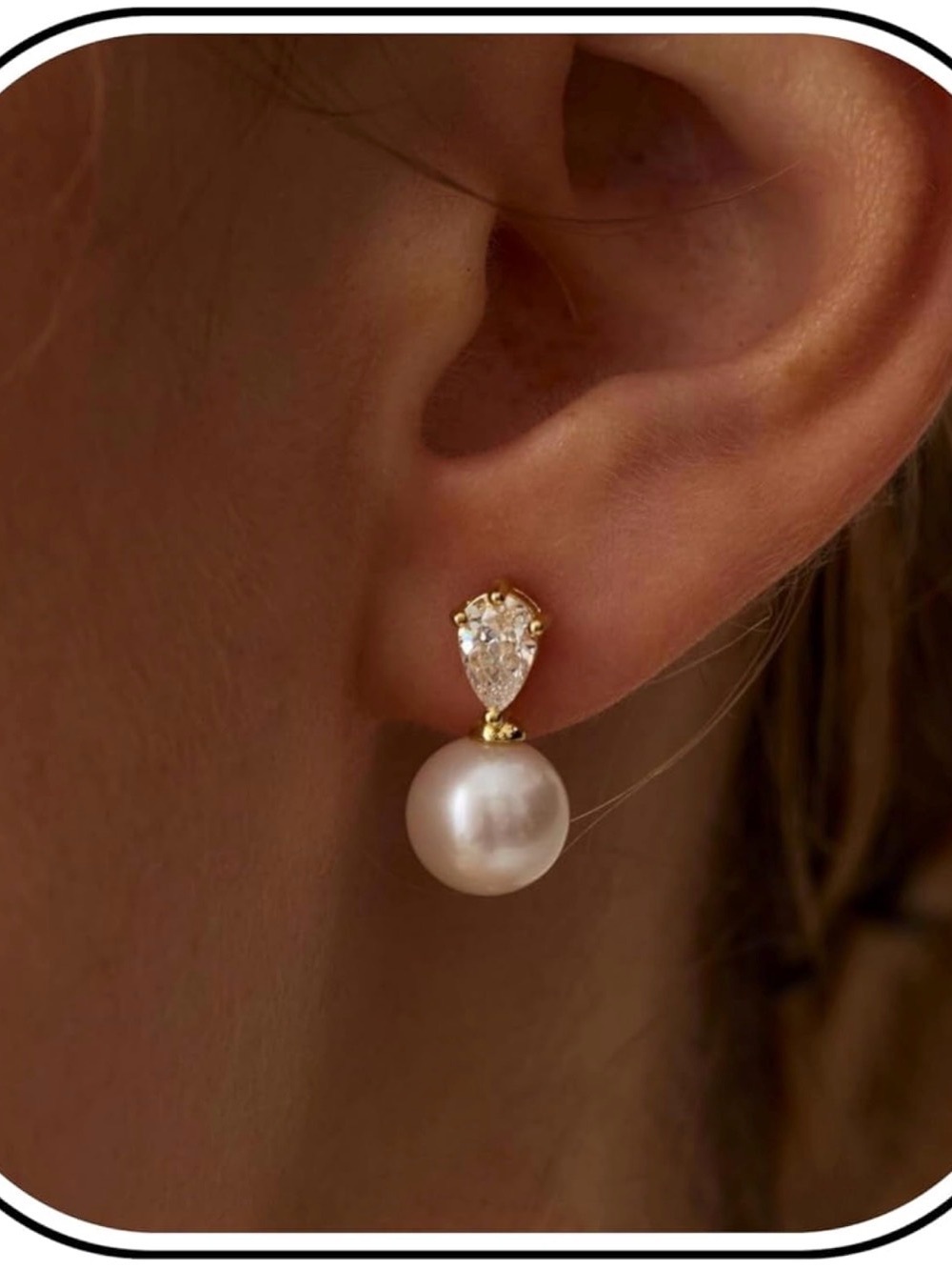 NEW Gold Pearl Drop Earrings with Teardrop Crystal Stud - White Pearl